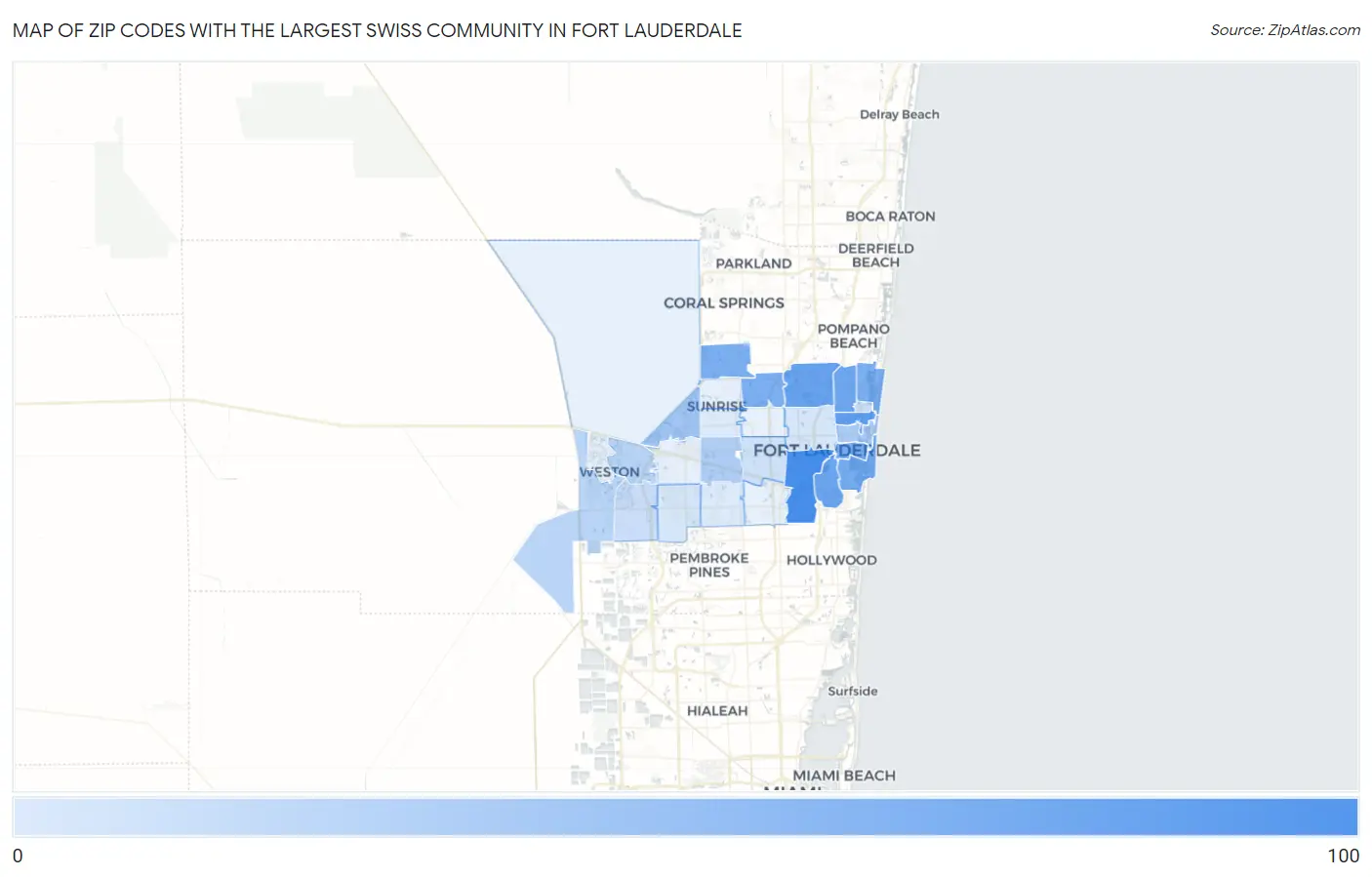 Zip Codes with the Largest Swiss Community in Fort Lauderdale Map