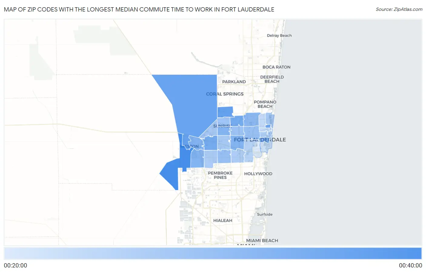 Zip Codes with the Longest Median Commute Time to Work in Fort Lauderdale Map