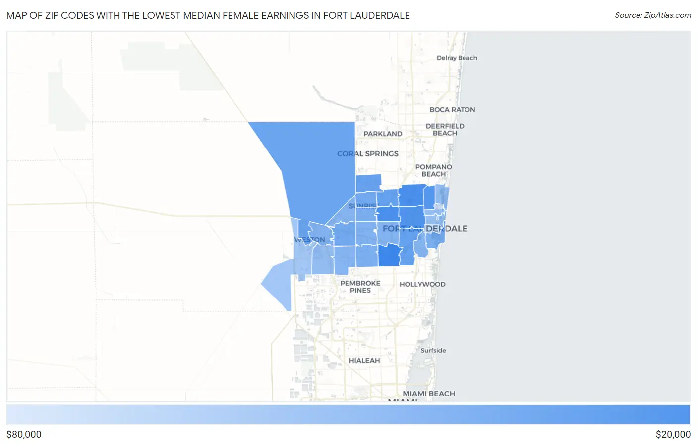 Zip Codes with the Lowest Median Female Earnings in Fort Lauderdale Map