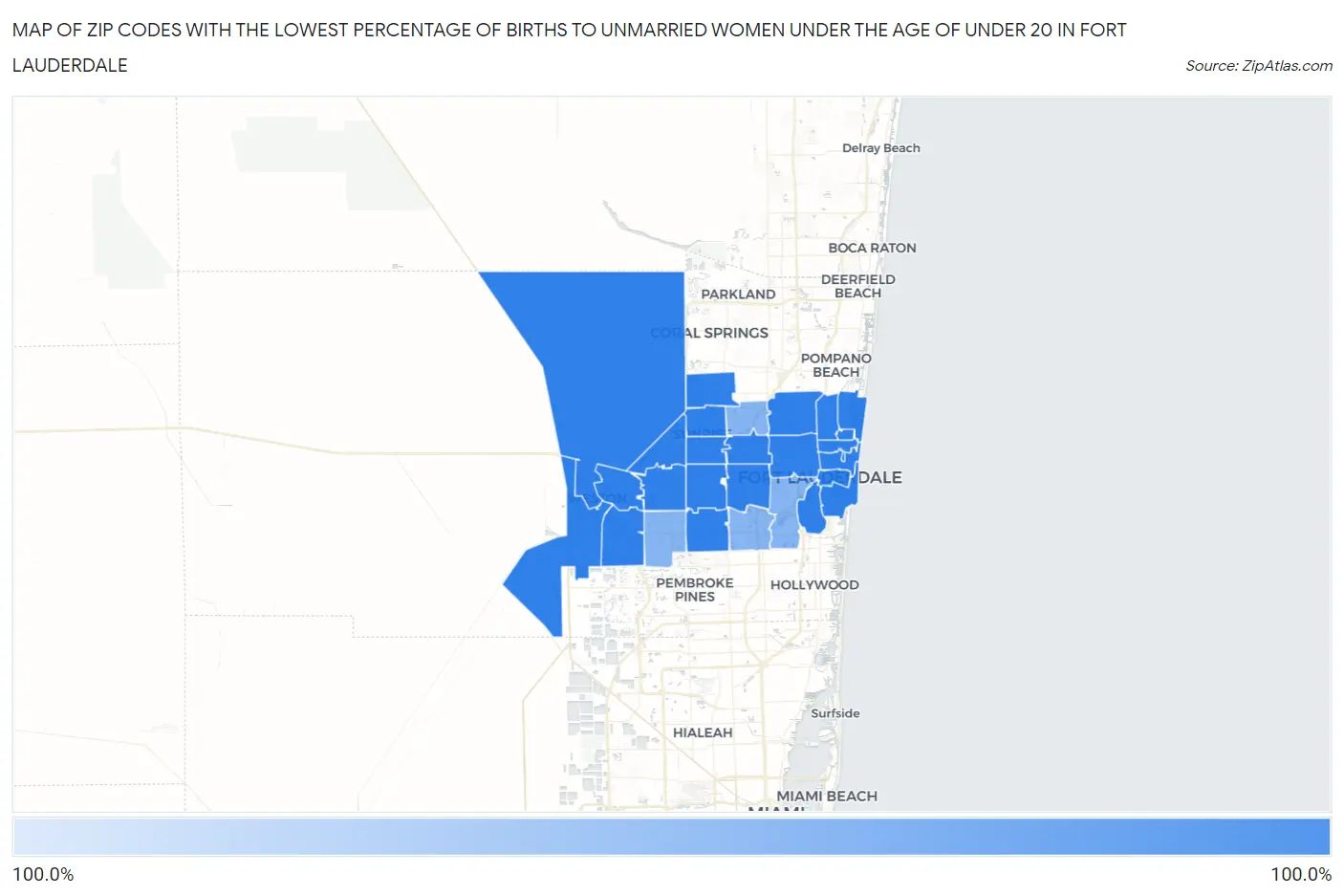 Zip Codes with the Lowest Percentage of Births to Unmarried Women under the Age of under 20 in Fort Lauderdale Map