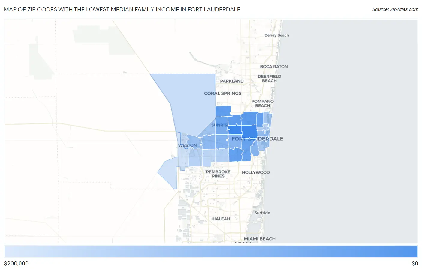 Zip Codes with the Lowest Median Family Income in Fort Lauderdale Map