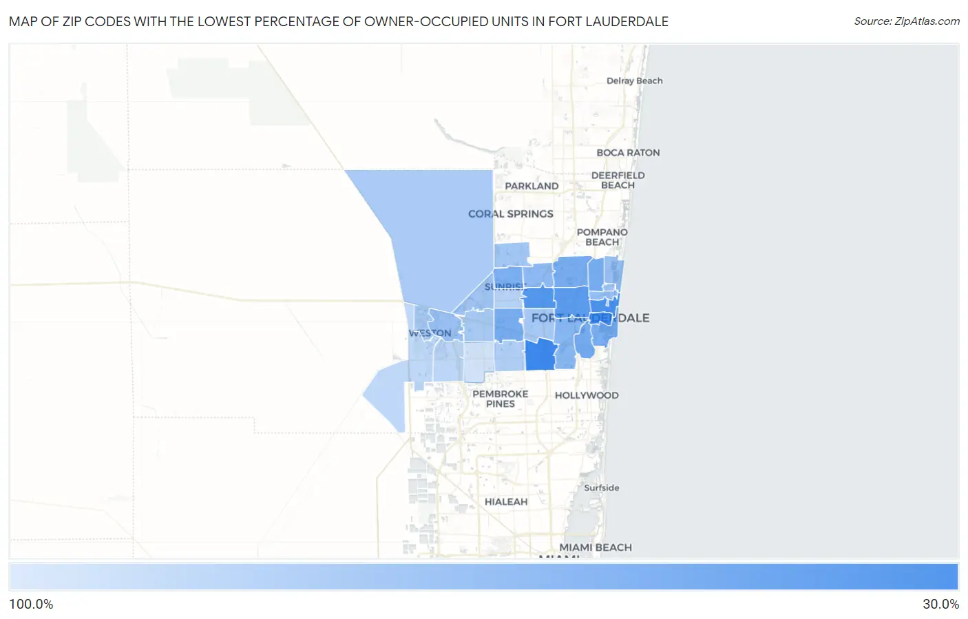 Zip Codes with the Lowest Percentage of Owner-Occupied Units in Fort Lauderdale Map