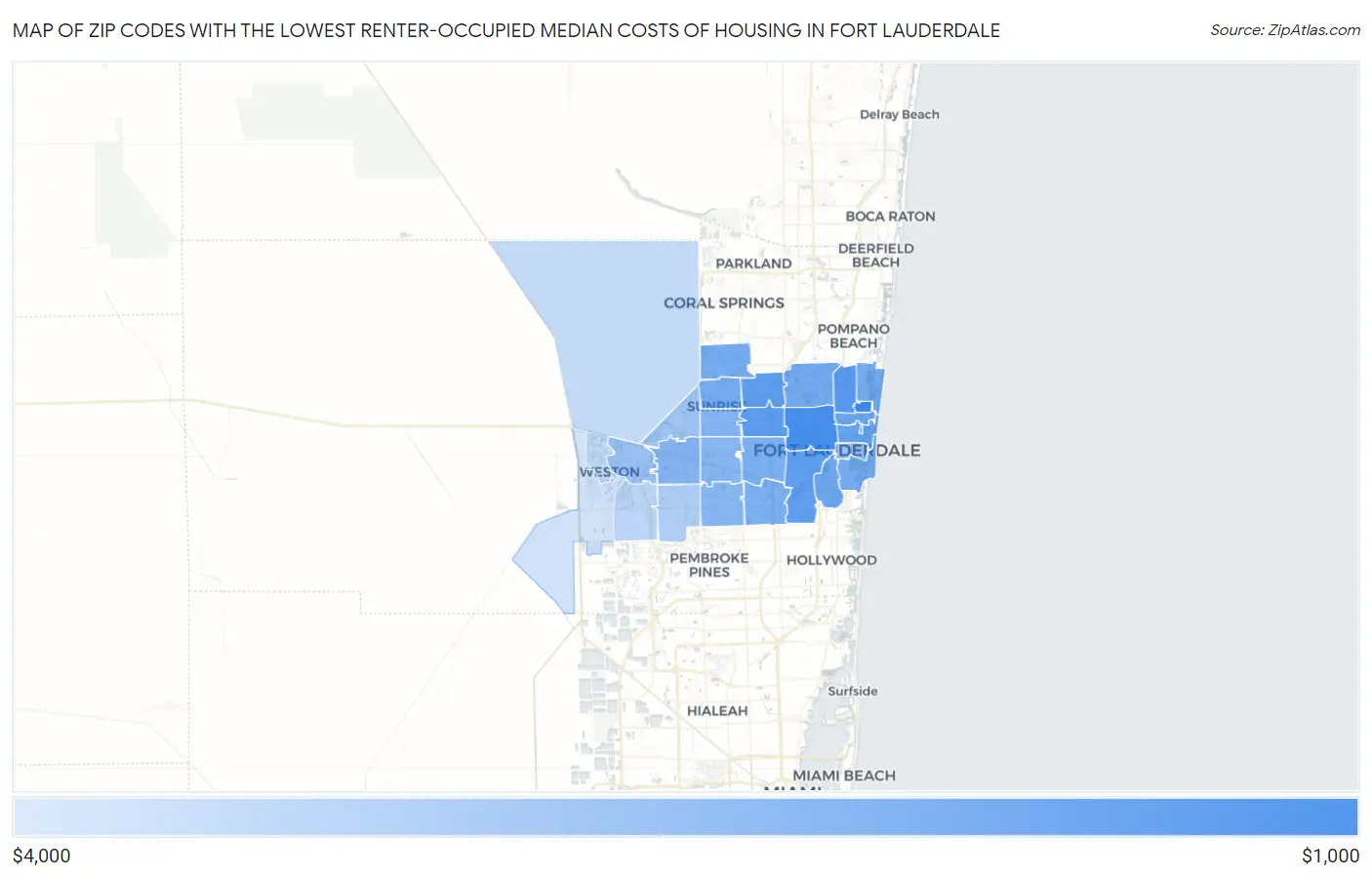Zip Codes with the Lowest Renter-Occupied Median Costs of Housing in Fort Lauderdale Map
