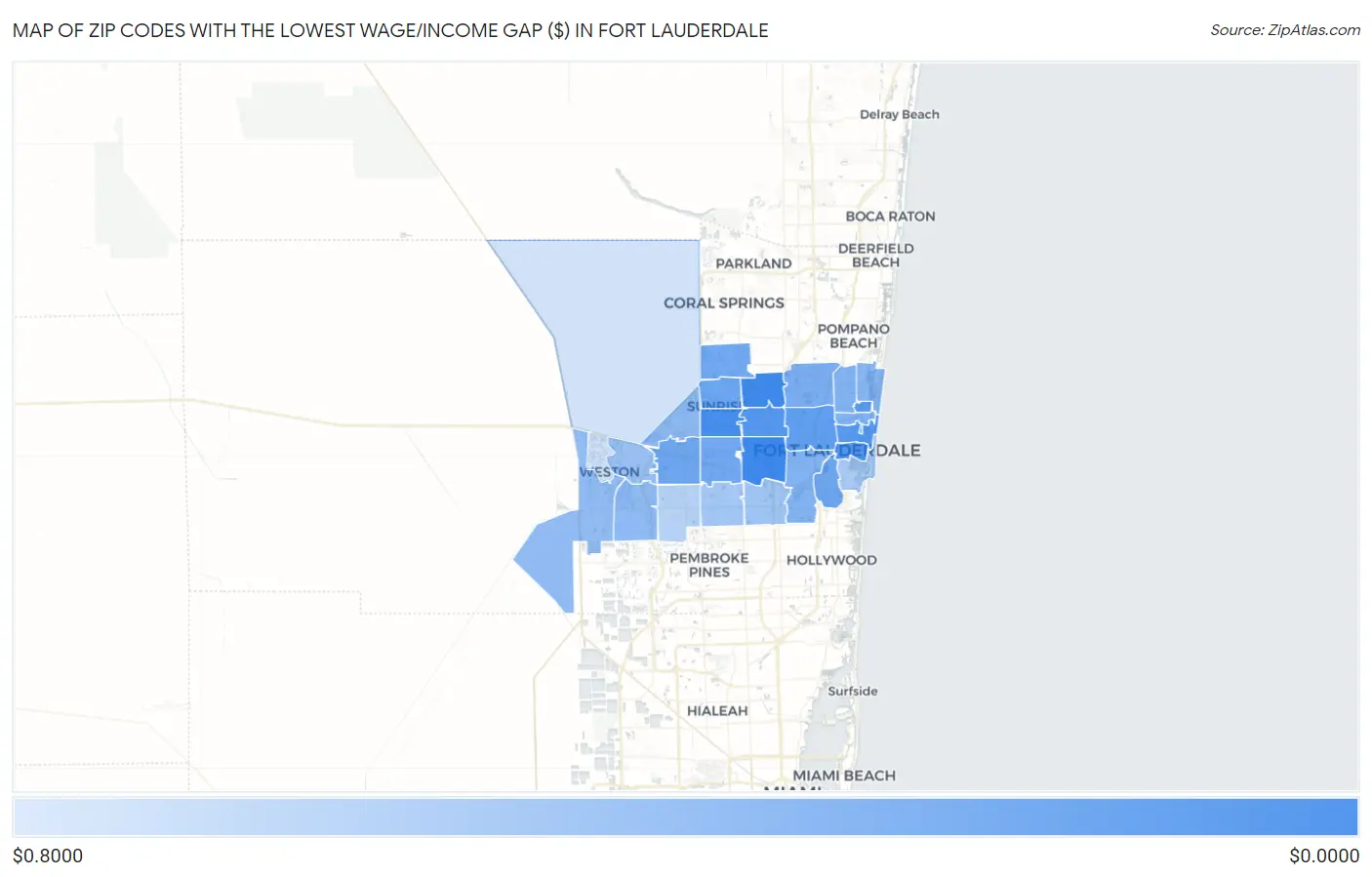 Zip Codes with the Lowest Wage/Income Gap ($) in Fort Lauderdale Map