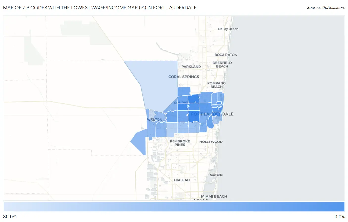 Zip Codes with the Lowest Wage/Income Gap (%) in Fort Lauderdale Map