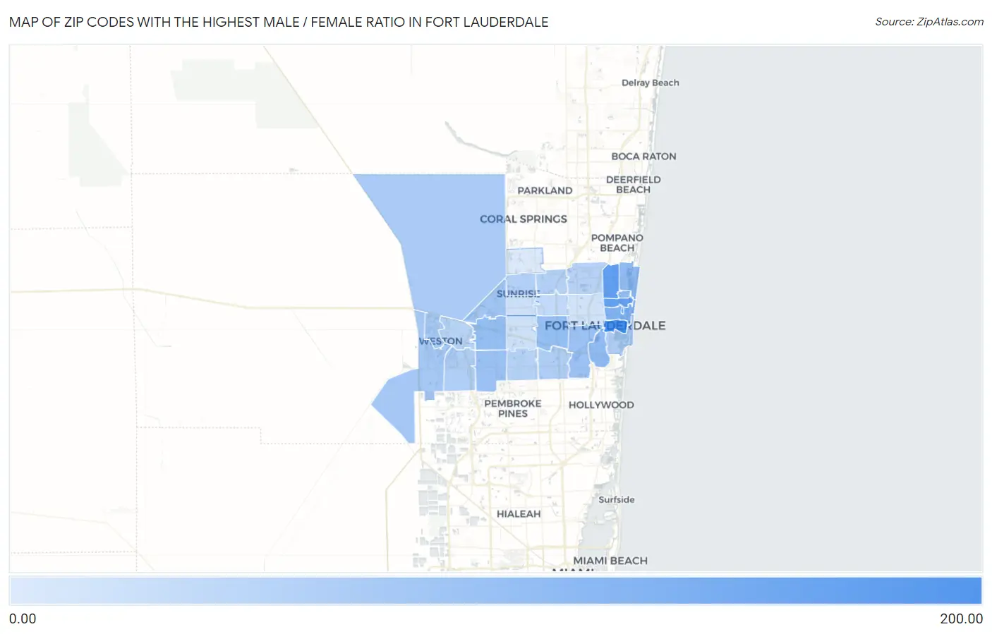 Zip Codes with the Highest Male / Female Ratio in Fort Lauderdale Map