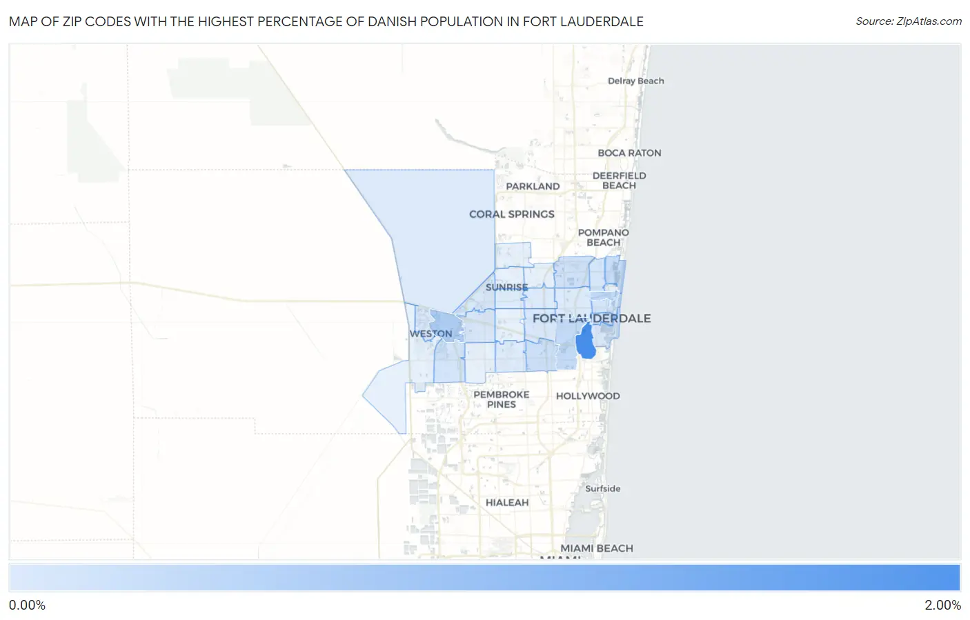 Zip Codes with the Highest Percentage of Danish Population in Fort Lauderdale Map