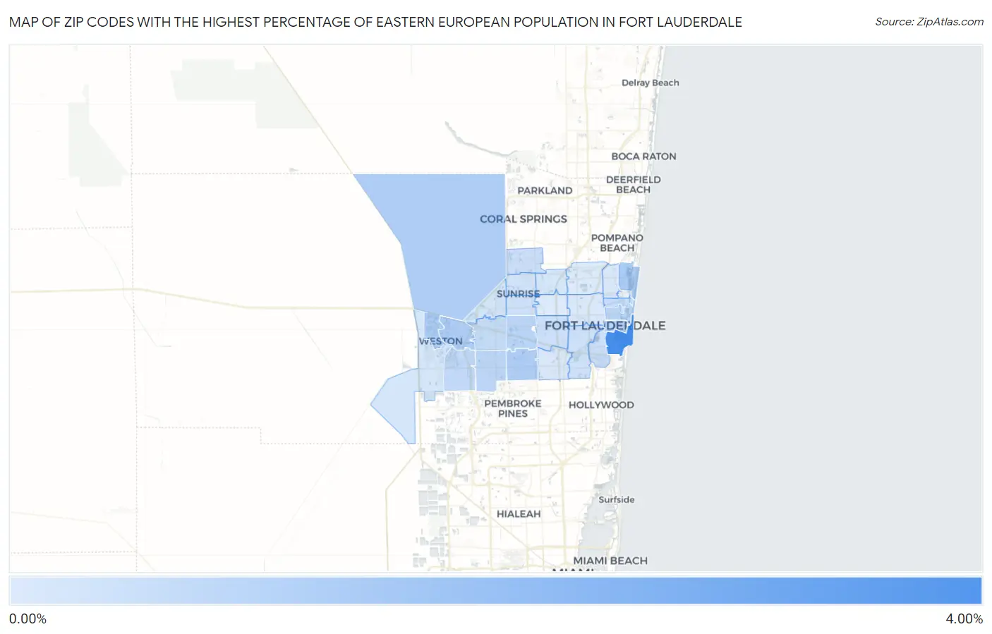 Zip Codes with the Highest Percentage of Eastern European Population in Fort Lauderdale Map