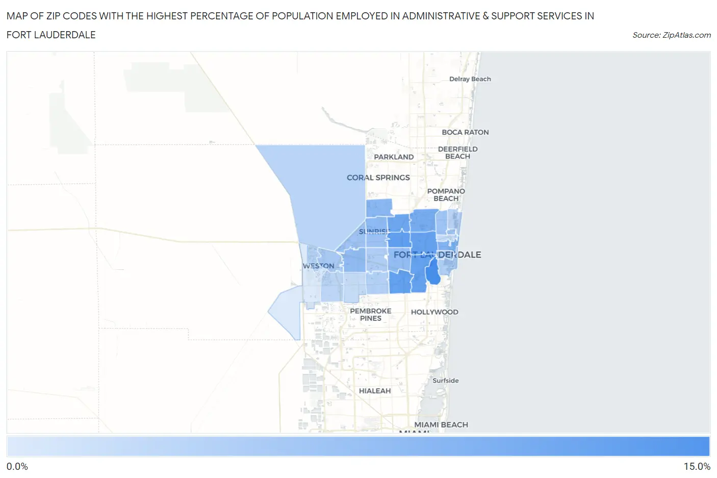 Zip Codes with the Highest Percentage of Population Employed in Administrative & Support Services in Fort Lauderdale Map