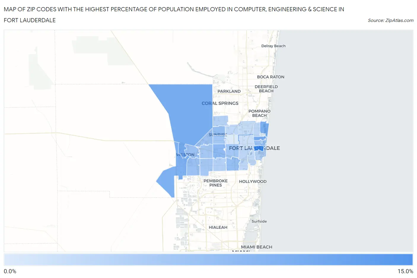 Zip Codes with the Highest Percentage of Population Employed in Computer, Engineering & Science in Fort Lauderdale Map