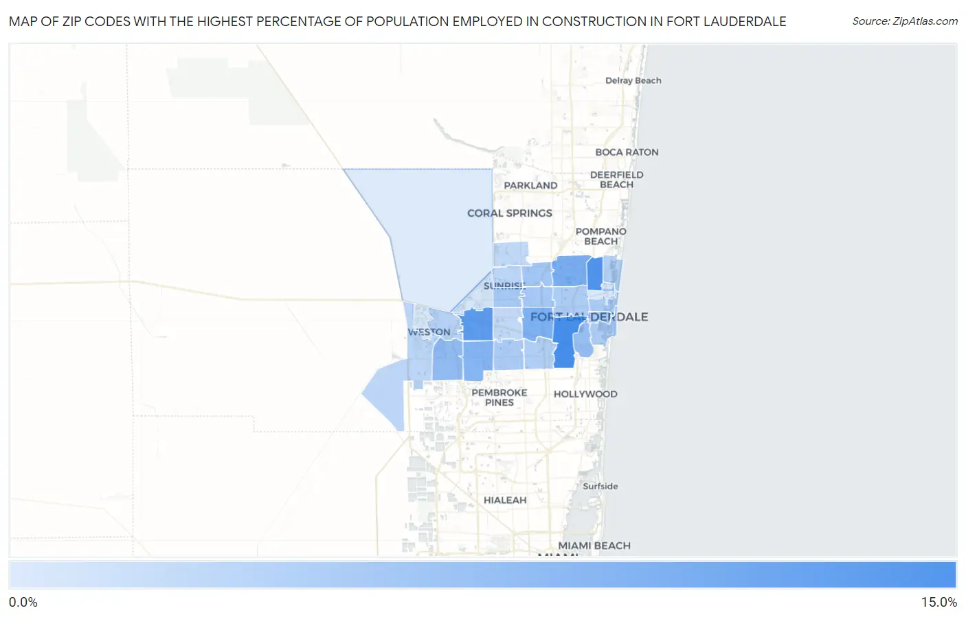 Zip Codes with the Highest Percentage of Population Employed in Construction in Fort Lauderdale Map
