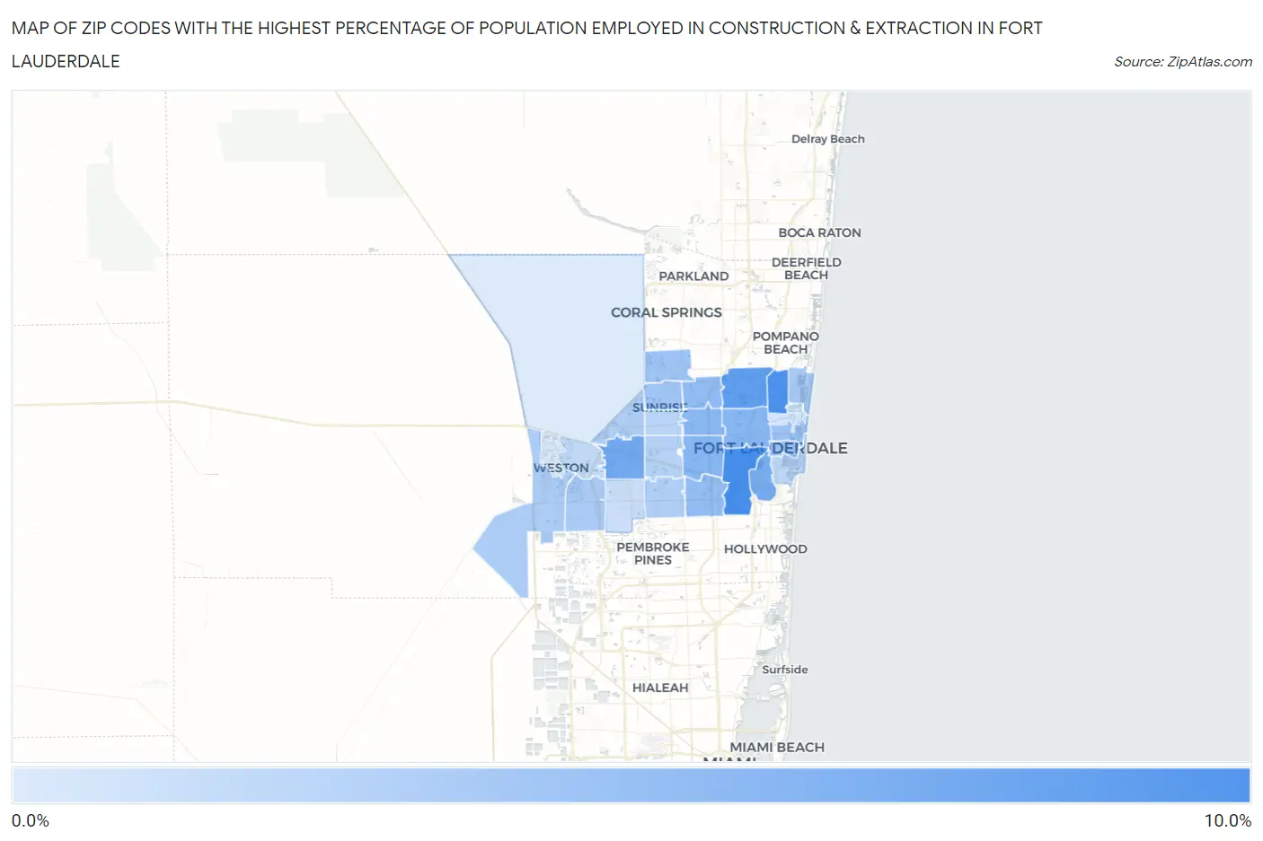 Zip Codes with the Highest Percentage of Population Employed in Construction & Extraction in Fort Lauderdale Map