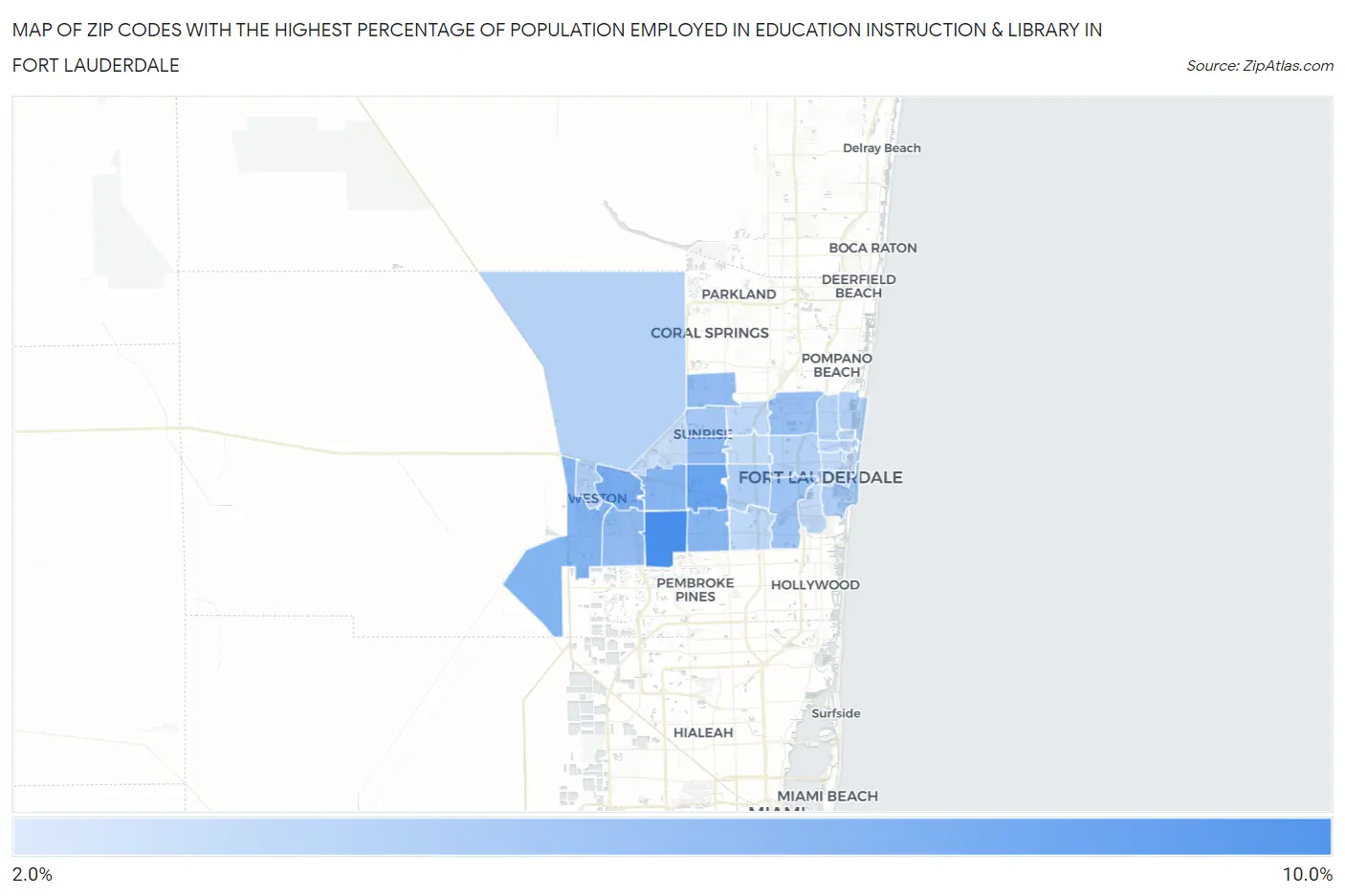 Zip Codes with the Highest Percentage of Population Employed in Education Instruction & Library in Fort Lauderdale Map