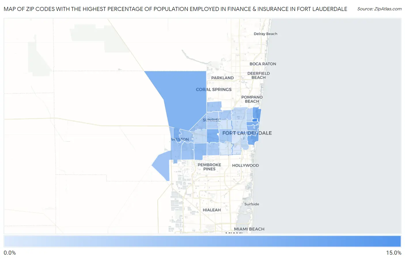 Zip Codes with the Highest Percentage of Population Employed in Finance & Insurance in Fort Lauderdale Map