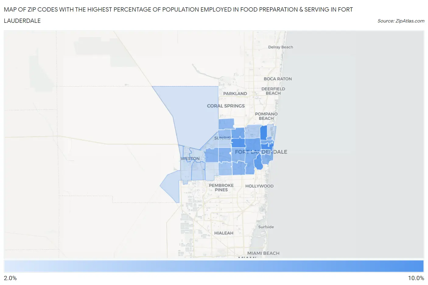 Zip Codes with the Highest Percentage of Population Employed in Food Preparation & Serving in Fort Lauderdale Map