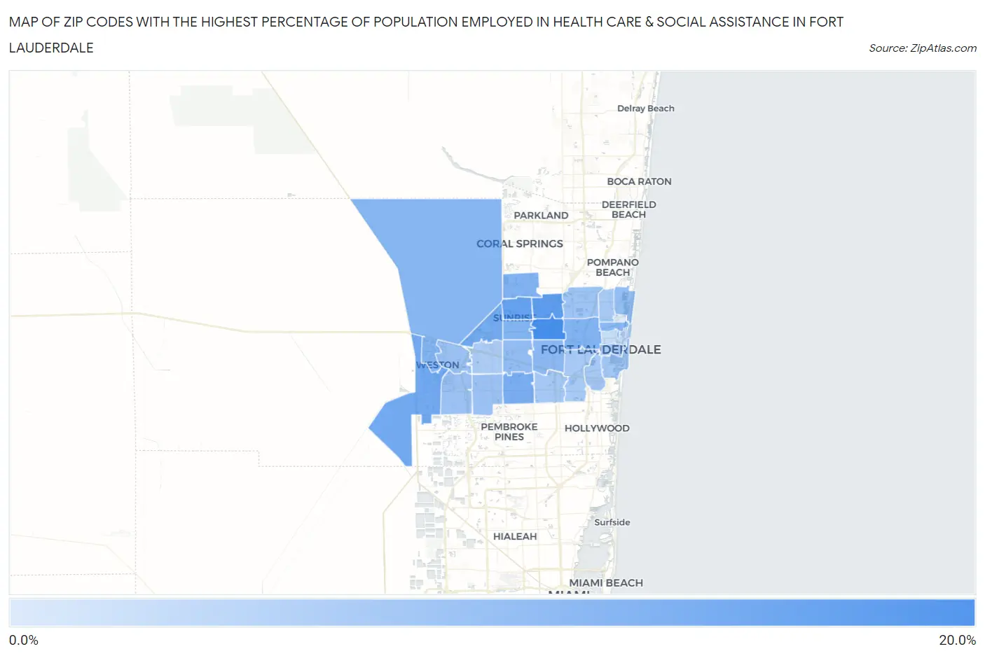 Zip Codes with the Highest Percentage of Population Employed in Health Care & Social Assistance in Fort Lauderdale Map