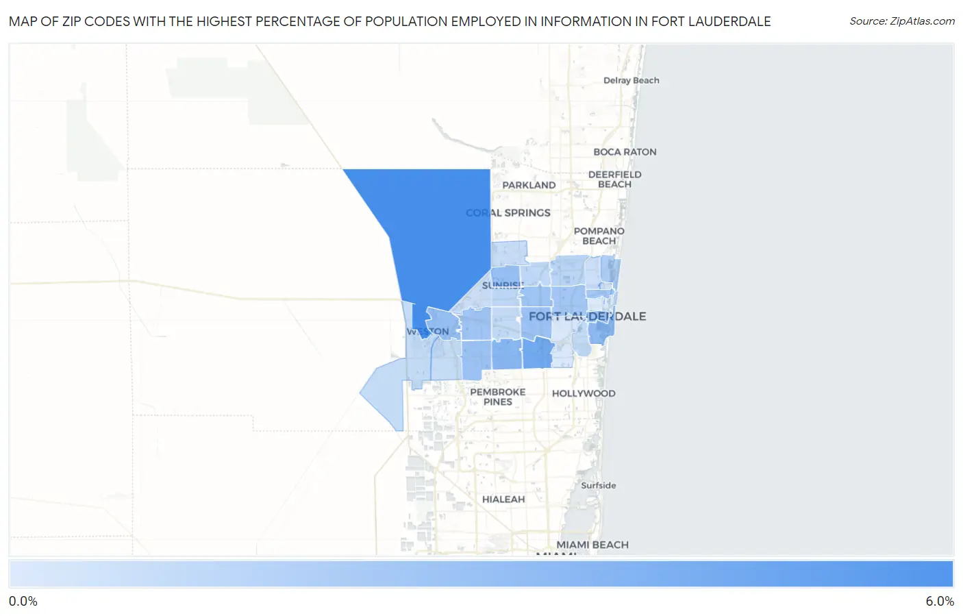 Zip Codes with the Highest Percentage of Population Employed in Information in Fort Lauderdale Map