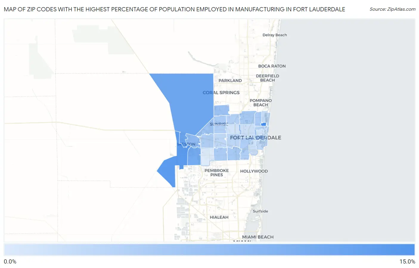 Zip Codes with the Highest Percentage of Population Employed in Manufacturing in Fort Lauderdale Map