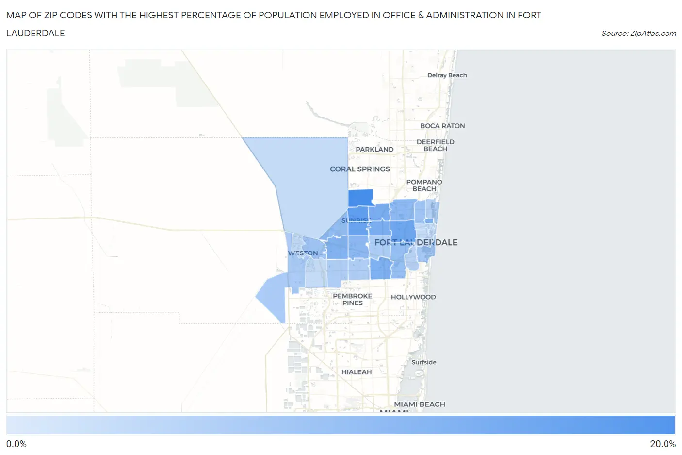 Zip Codes with the Highest Percentage of Population Employed in Office & Administration in Fort Lauderdale Map