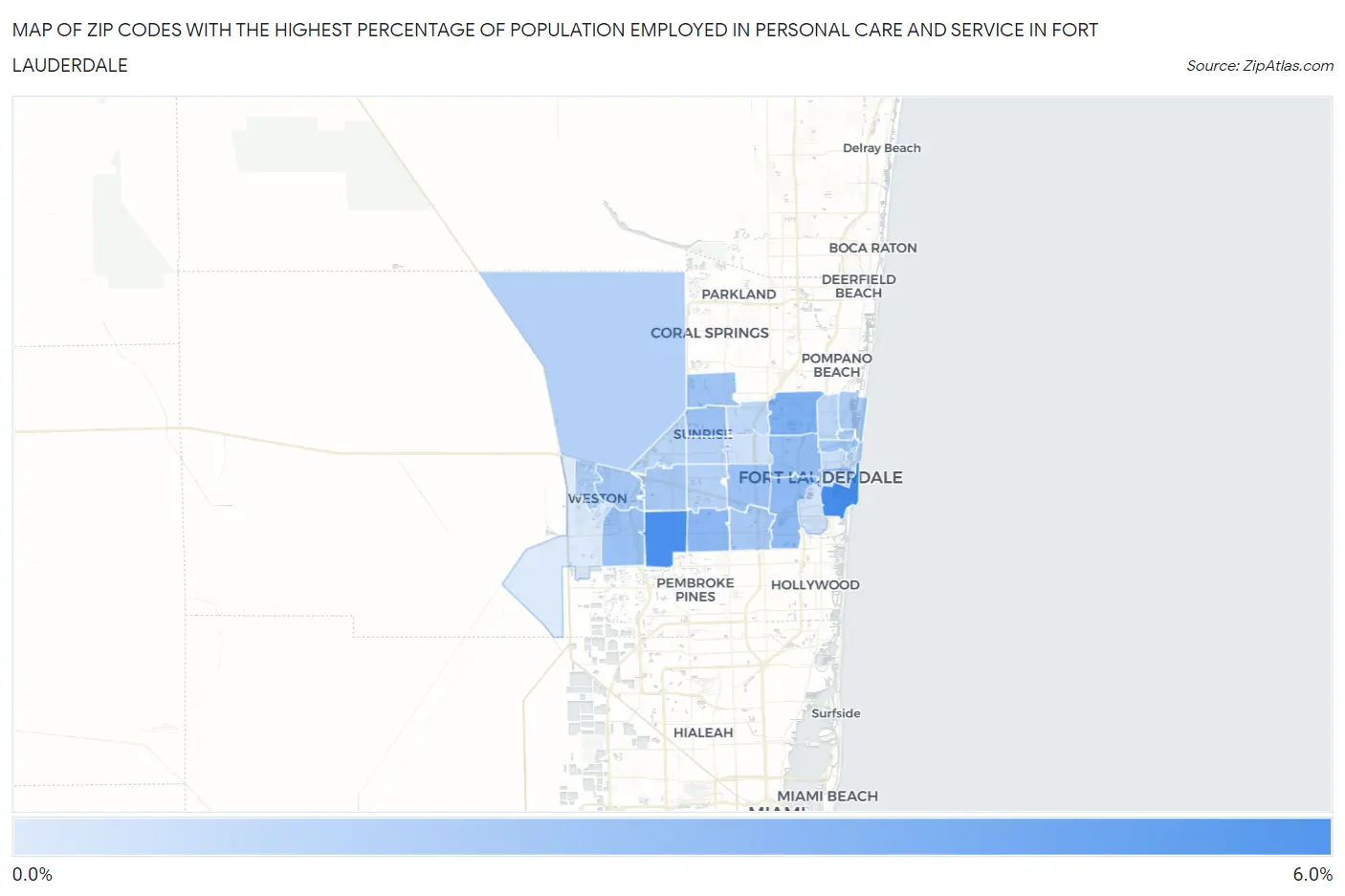 Zip Codes with the Highest Percentage of Population Employed in Personal Care and Service in Fort Lauderdale Map