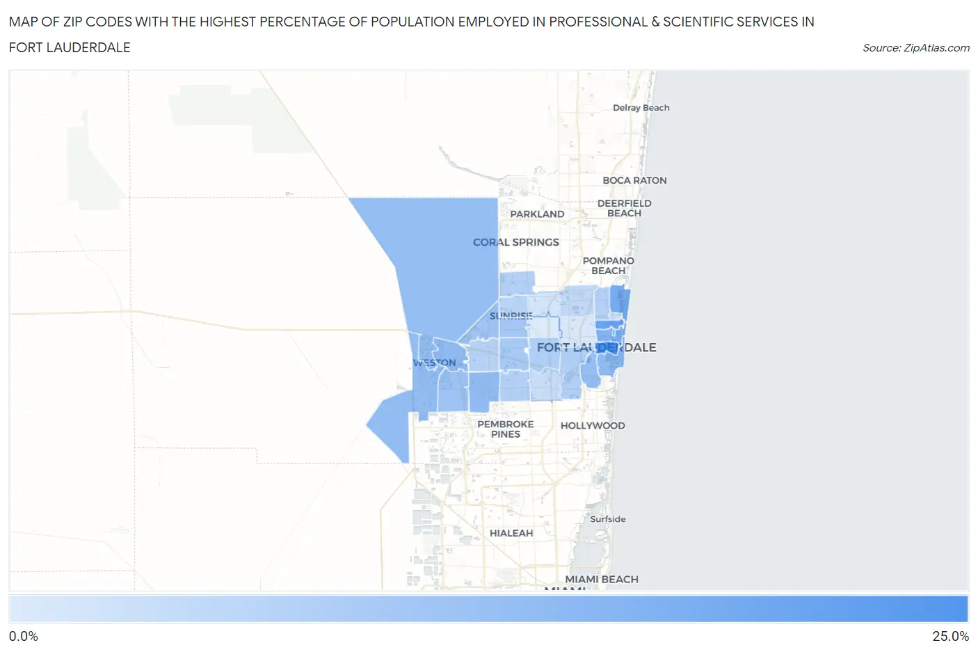 Zip Codes with the Highest Percentage of Population Employed in Professional & Scientific Services in Fort Lauderdale Map