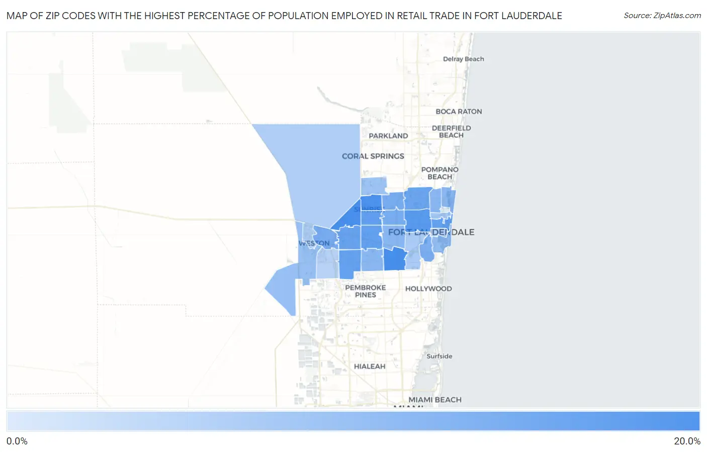 Zip Codes with the Highest Percentage of Population Employed in Retail Trade in Fort Lauderdale Map