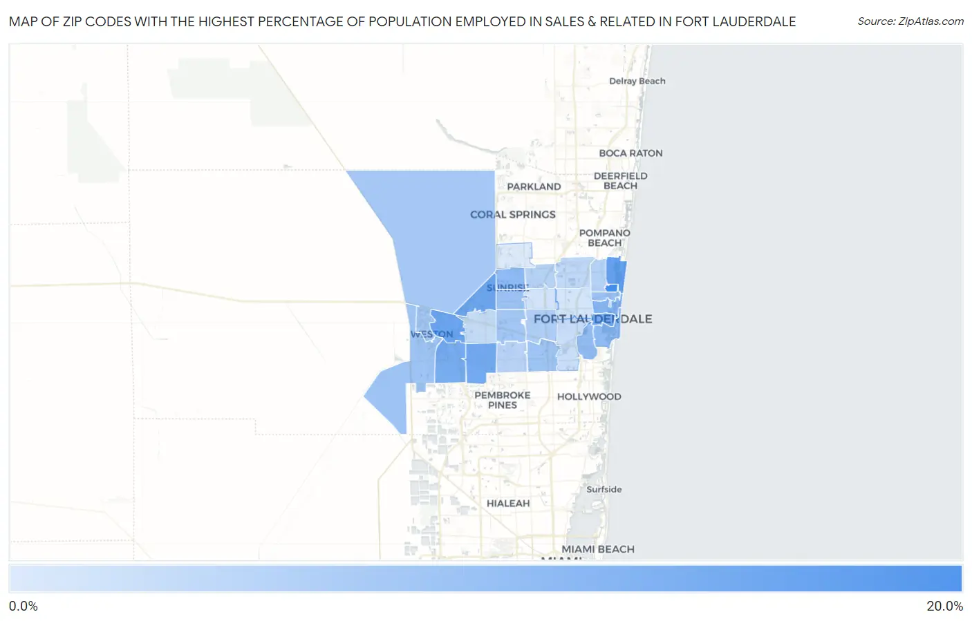 Zip Codes with the Highest Percentage of Population Employed in Sales & Related in Fort Lauderdale Map