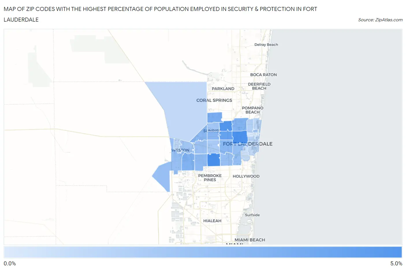 Zip Codes with the Highest Percentage of Population Employed in Security & Protection in Fort Lauderdale Map