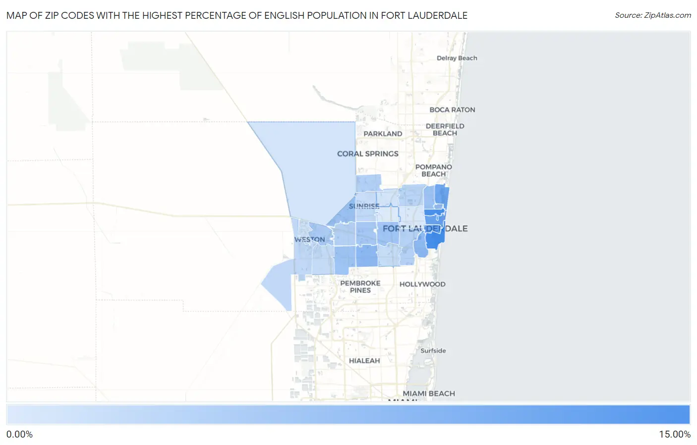 Zip Codes with the Highest Percentage of English Population in Fort Lauderdale Map