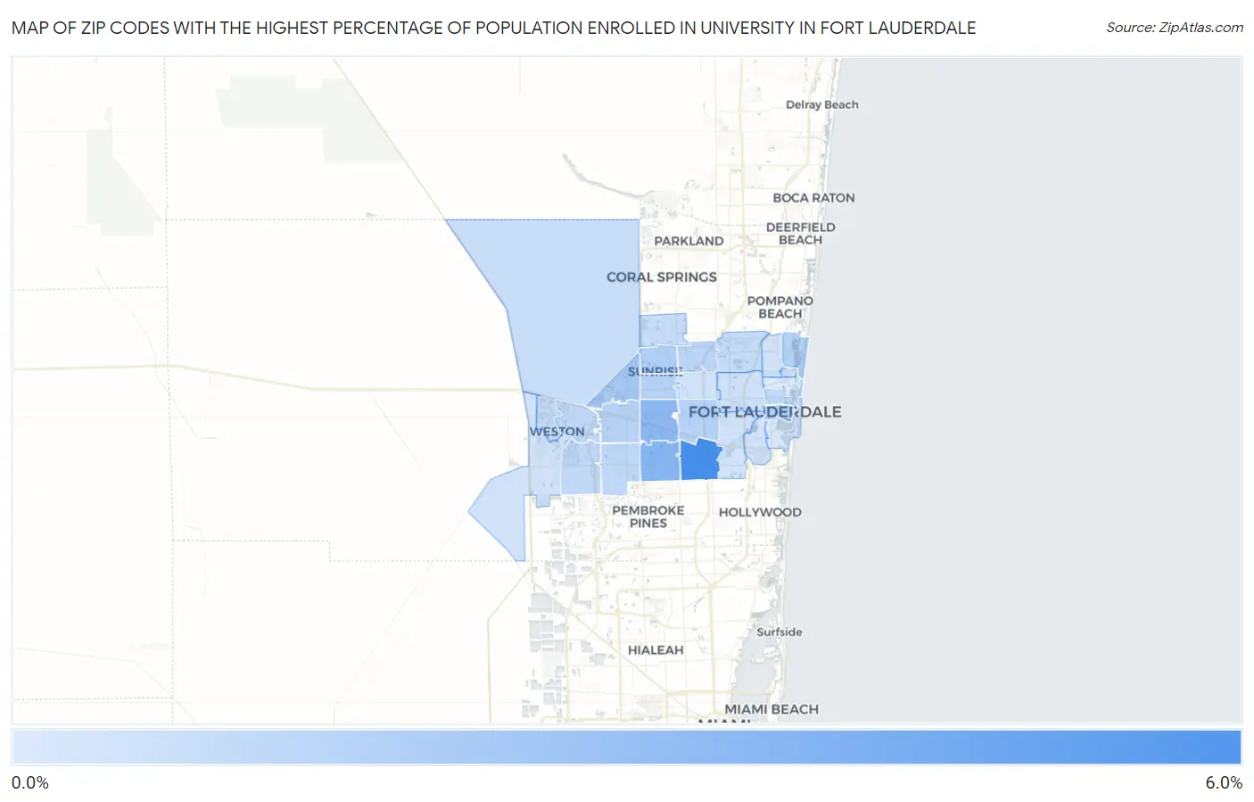 Zip Codes with the Highest Percentage of Population Enrolled in University in Fort Lauderdale Map