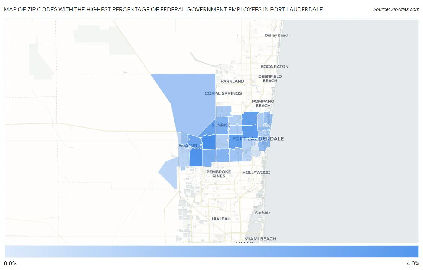 Zip Codes with the Highest Percentage of Federal Government Employees in Fort Lauderdale Map
