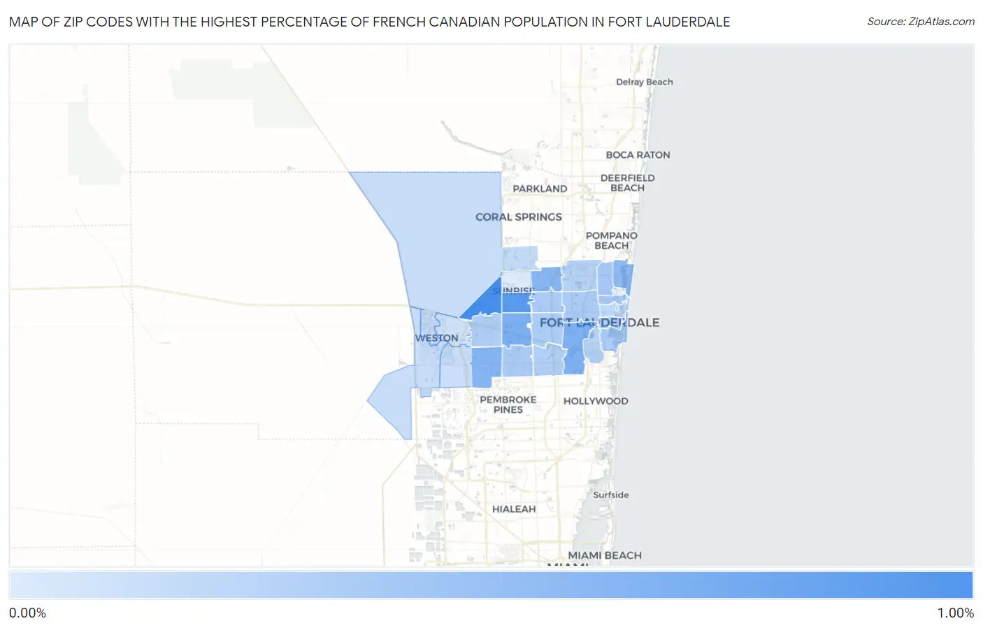 Zip Codes with the Highest Percentage of French Canadian Population in Fort Lauderdale Map