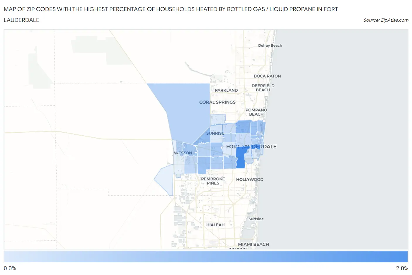 Zip Codes with the Highest Percentage of Households Heated by Bottled Gas / Liquid Propane in Fort Lauderdale Map