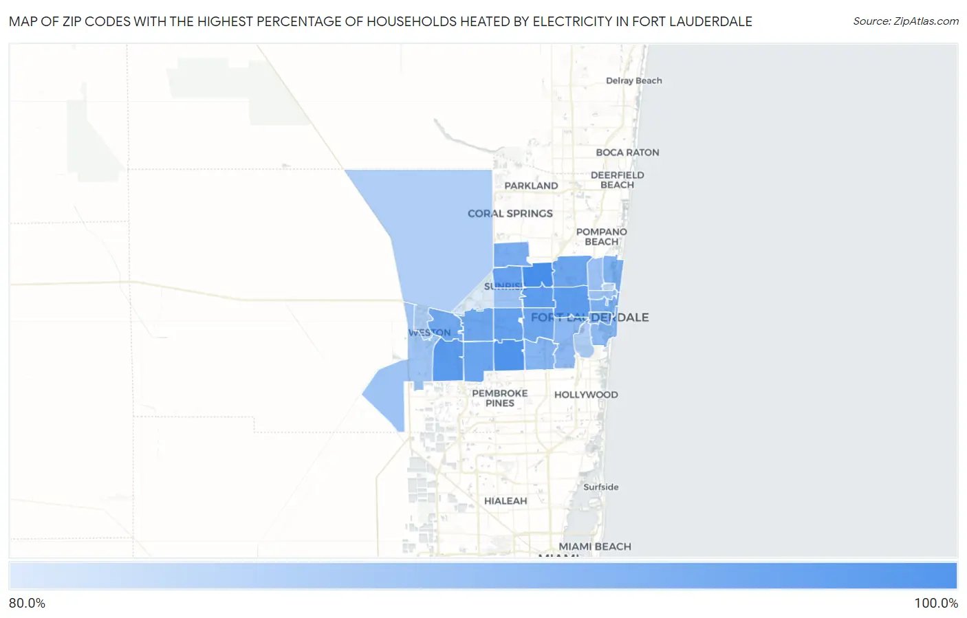 Zip Codes with the Highest Percentage of Households Heated by Electricity in Fort Lauderdale Map