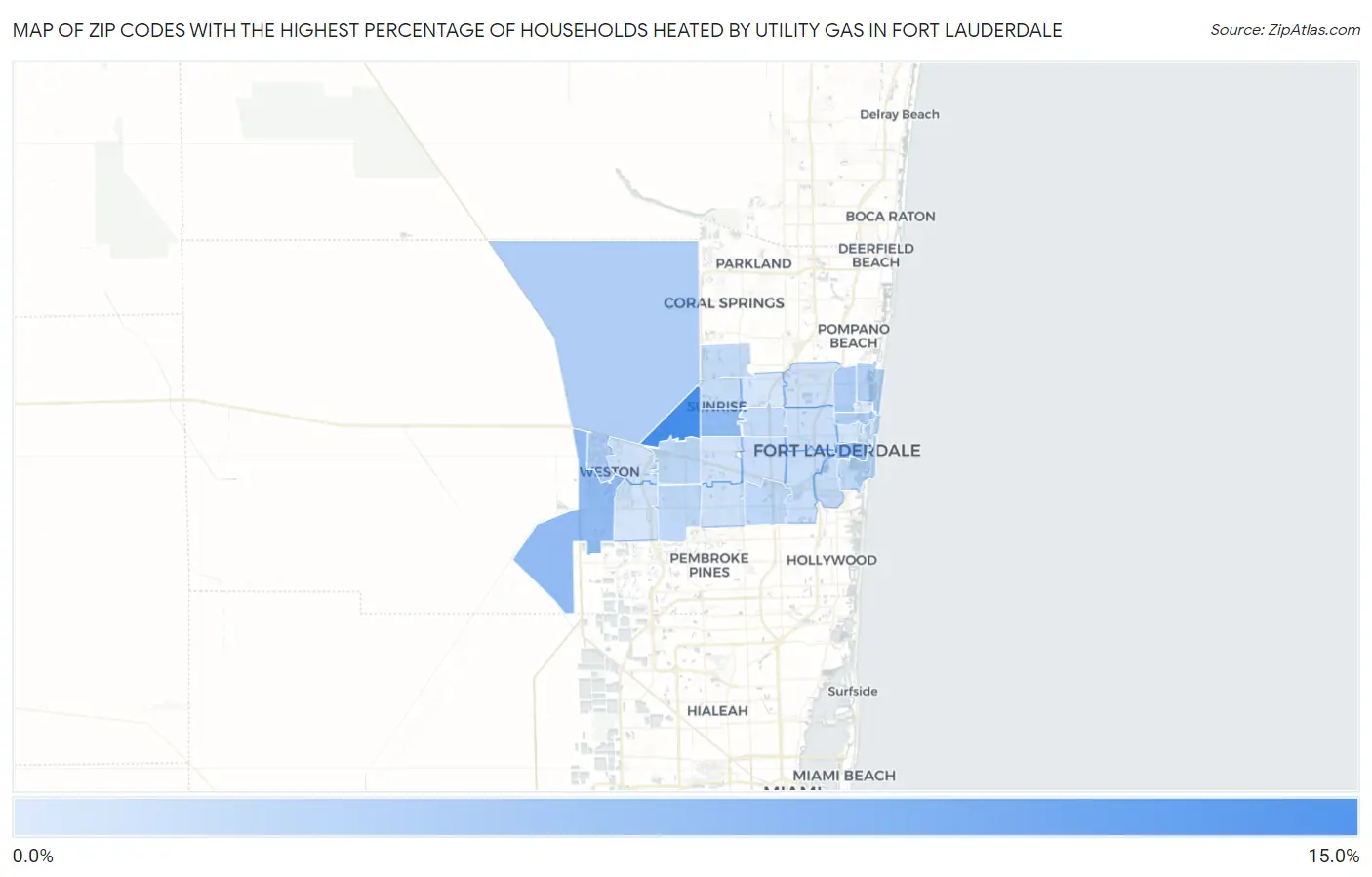 Zip Codes with the Highest Percentage of Households Heated by Utility Gas in Fort Lauderdale Map