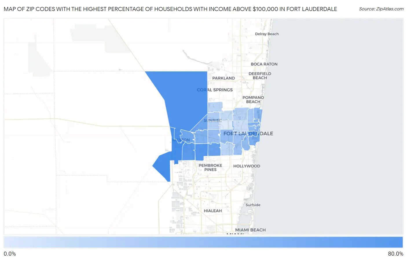 Zip Codes with the Highest Percentage of Households with Income Above $100,000 in Fort Lauderdale Map