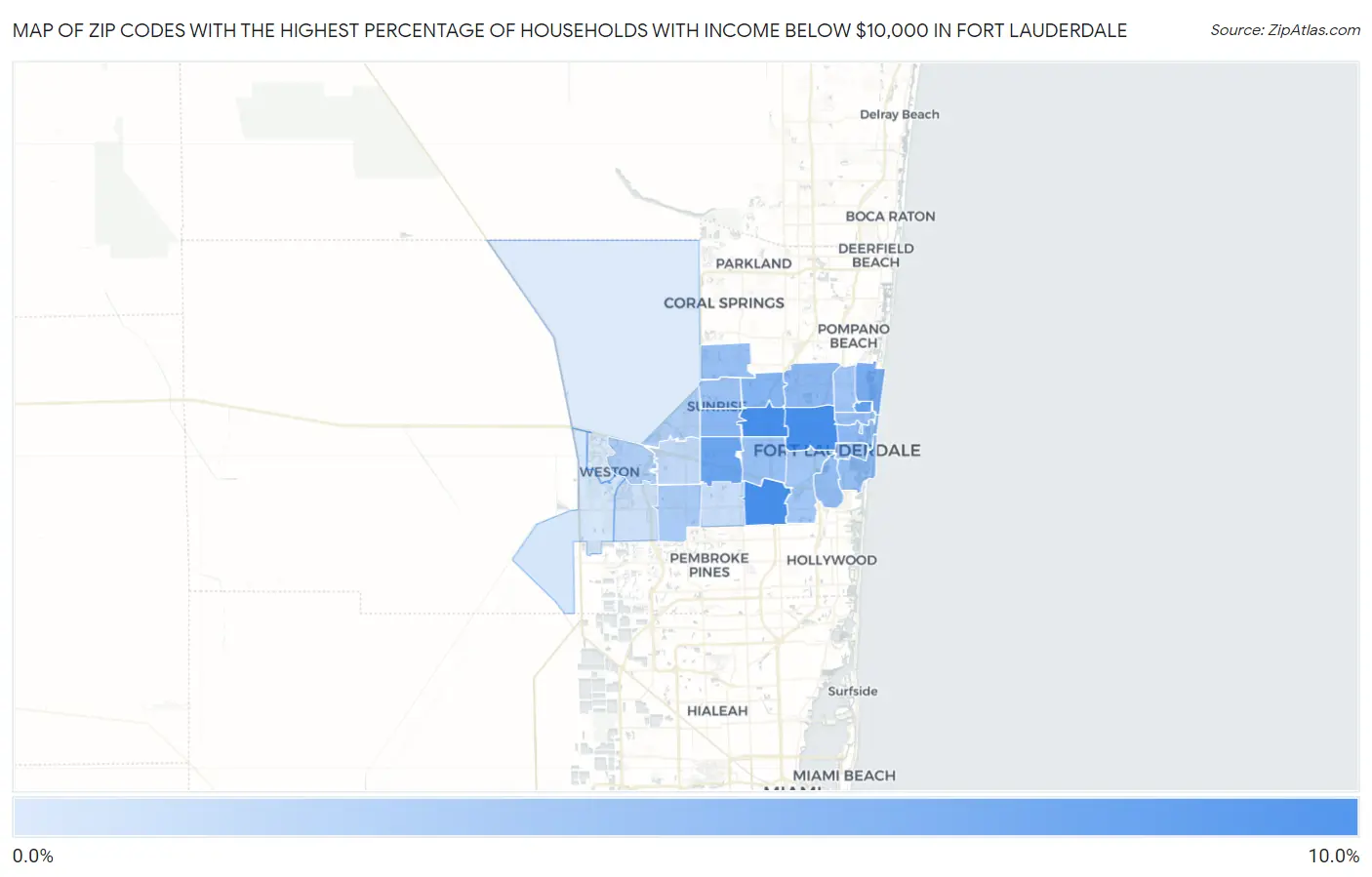 Zip Codes with the Highest Percentage of Households with Income Below $10,000 in Fort Lauderdale Map