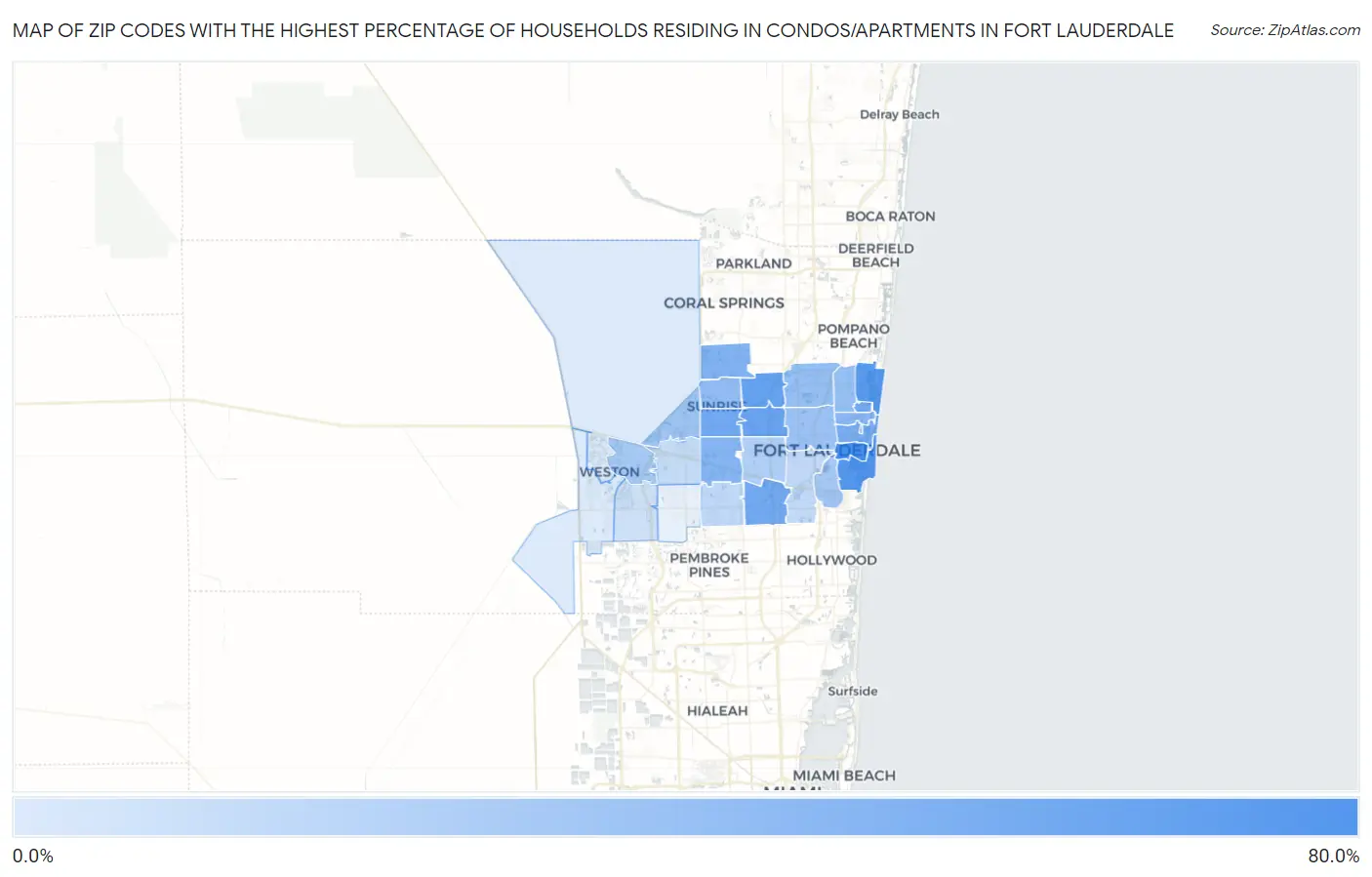 Zip Codes with the Highest Percentage of Households Residing in Condos/Apartments in Fort Lauderdale Map