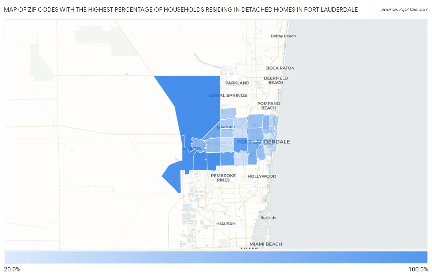 Zip Codes with the Highest Percentage of Households Residing in Detached Homes in Fort Lauderdale Map