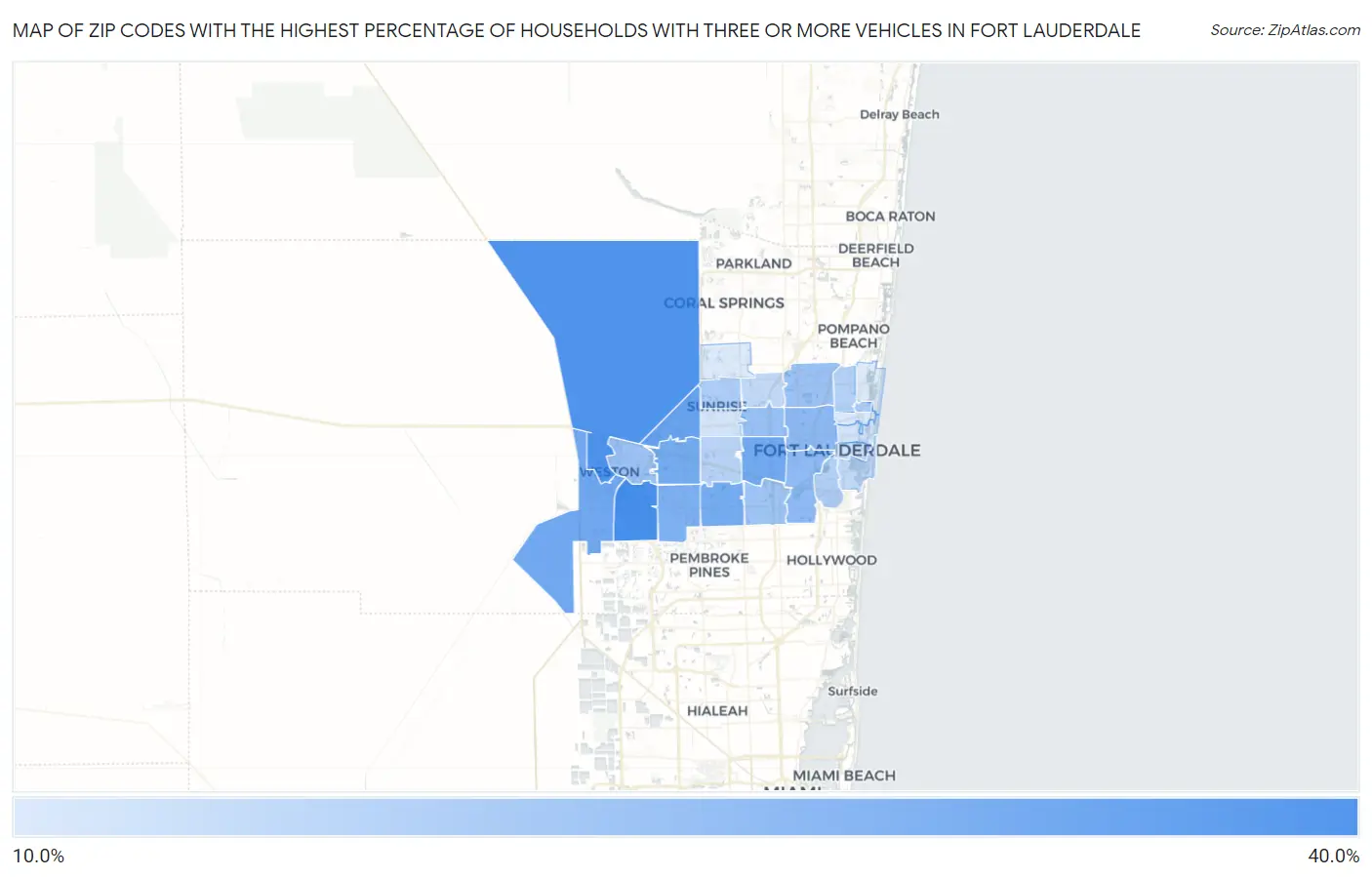 Zip Codes with the Highest Percentage of Households With Three or more Vehicles in Fort Lauderdale Map