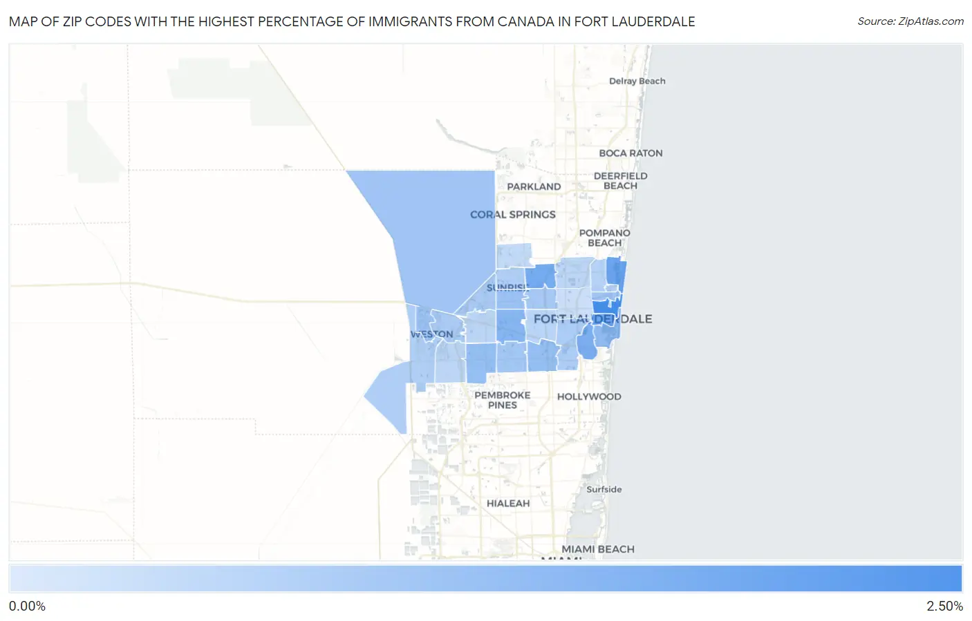 Zip Codes with the Highest Percentage of Immigrants from Canada in Fort Lauderdale Map
