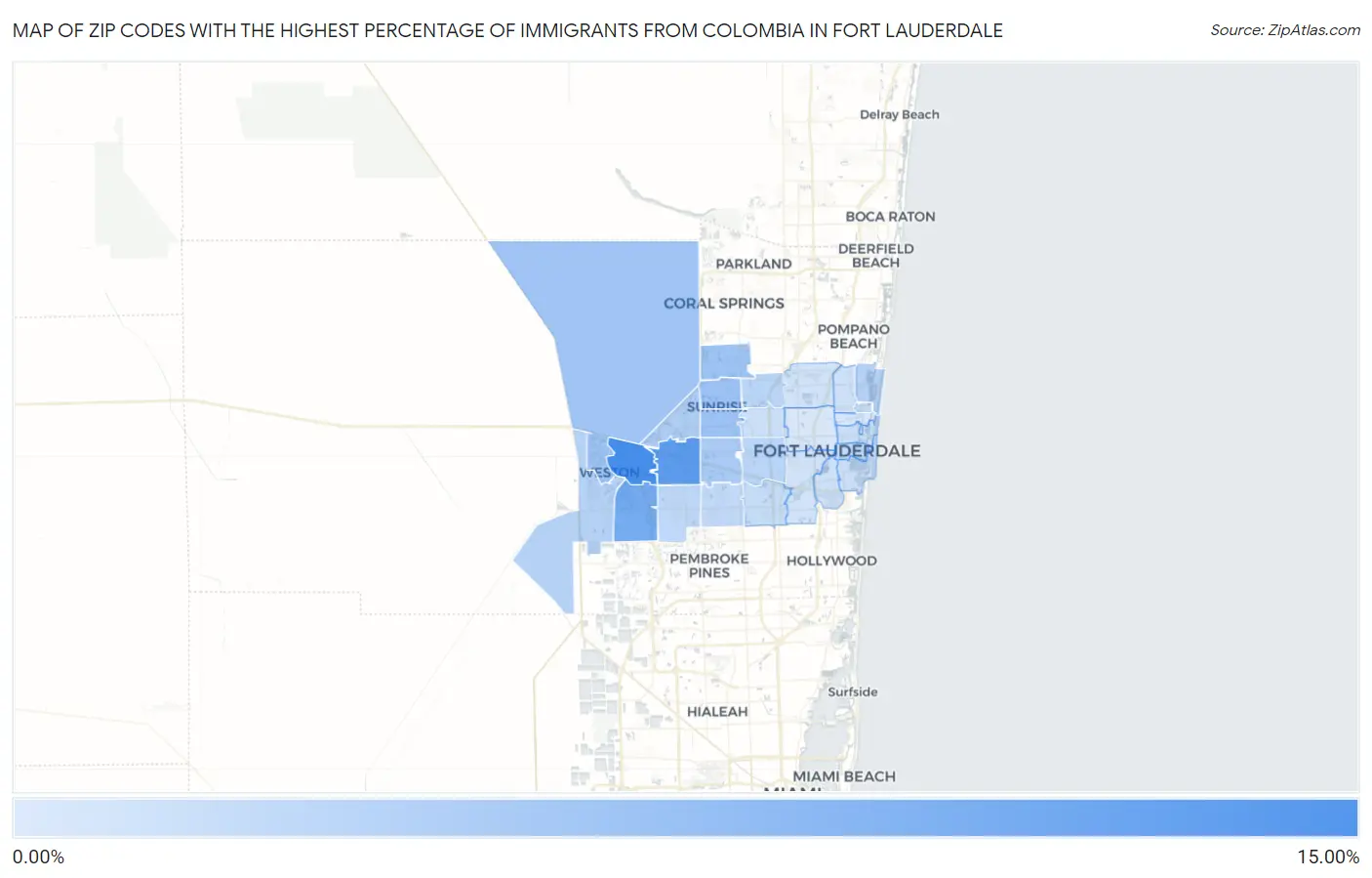 Zip Codes with the Highest Percentage of Immigrants from Colombia in Fort Lauderdale Map