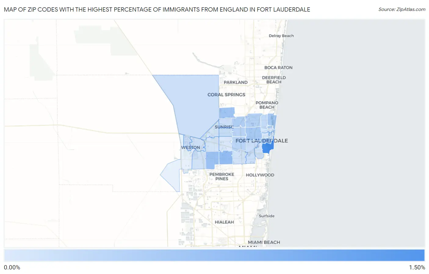 Zip Codes with the Highest Percentage of Immigrants from England in Fort Lauderdale Map