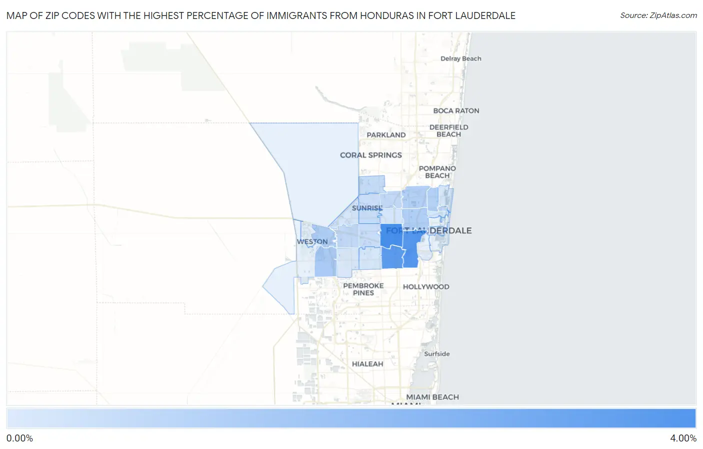 Zip Codes with the Highest Percentage of Immigrants from Honduras in Fort Lauderdale Map