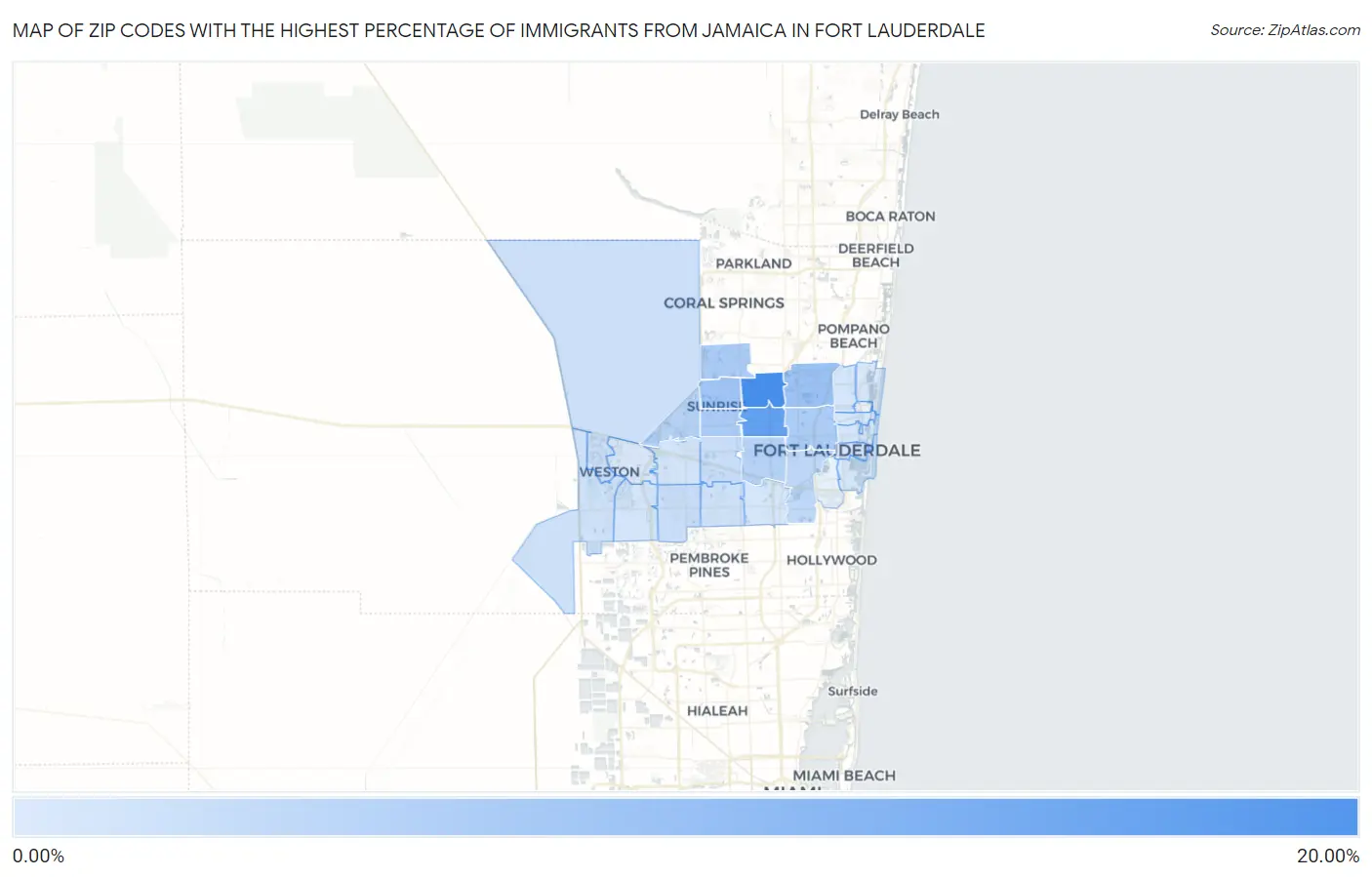 Zip Codes with the Highest Percentage of Immigrants from Jamaica in Fort Lauderdale Map