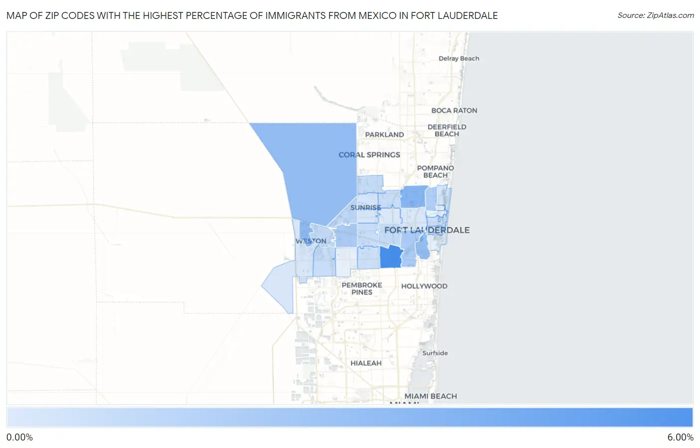 Zip Codes with the Highest Percentage of Immigrants from Mexico in Fort Lauderdale Map