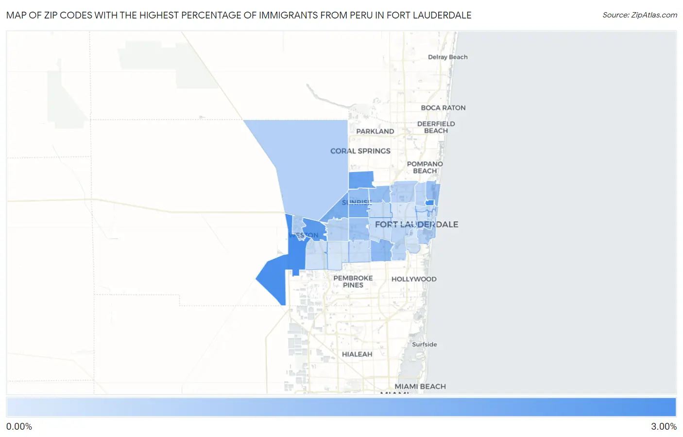 Zip Codes with the Highest Percentage of Immigrants from Peru in Fort Lauderdale Map