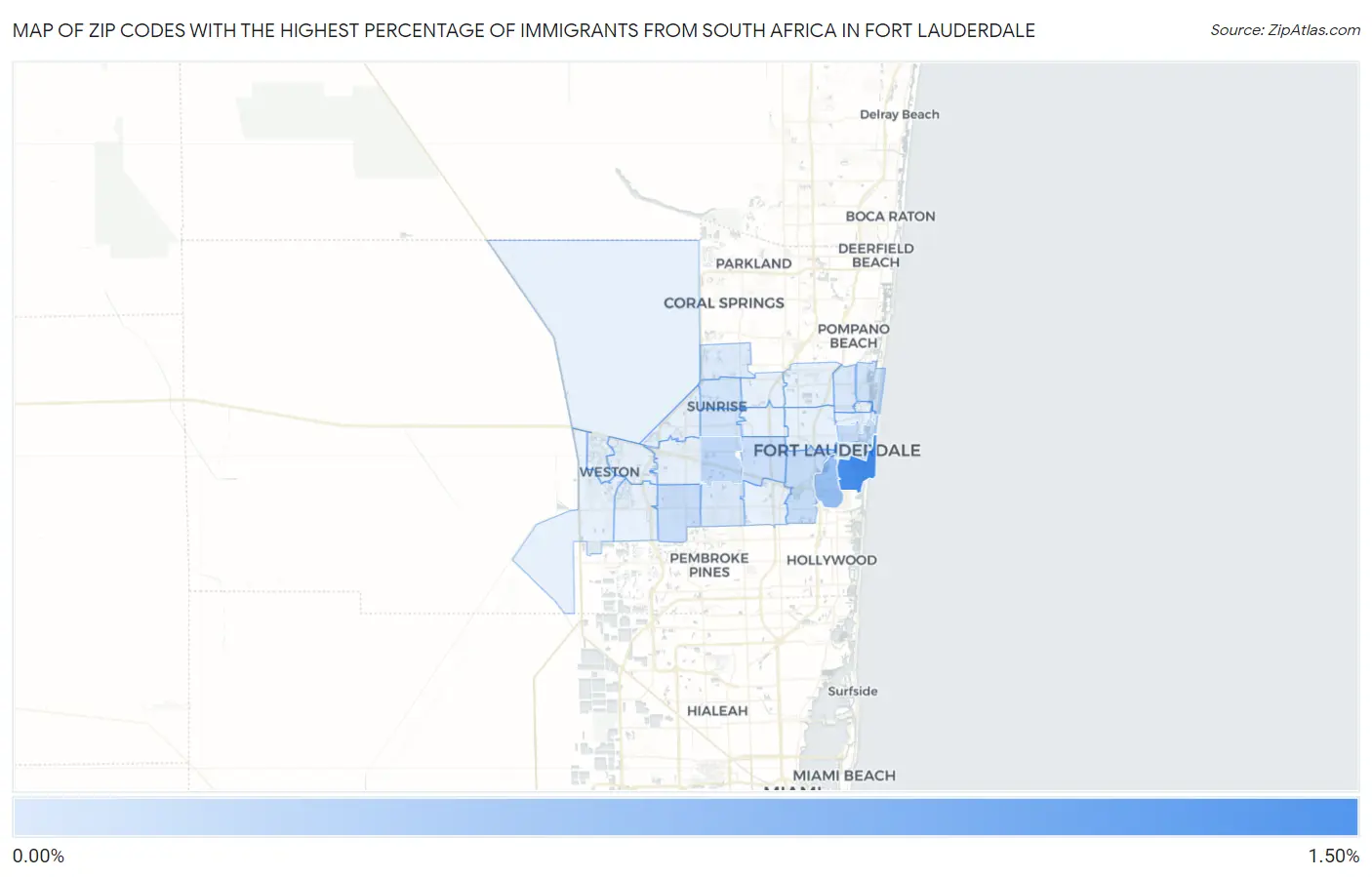 Zip Codes with the Highest Percentage of Immigrants from South Africa in Fort Lauderdale Map