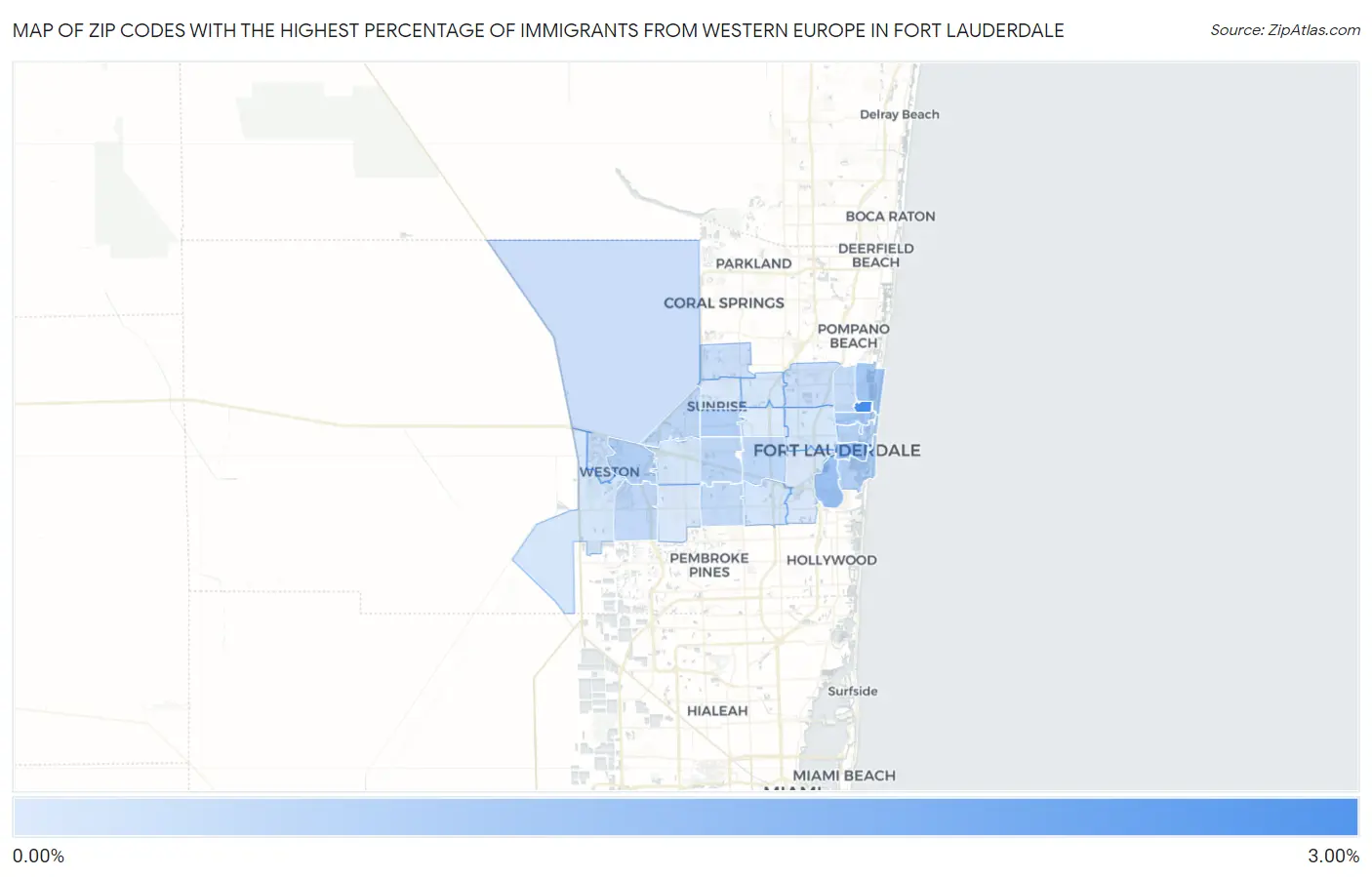 Zip Codes with the Highest Percentage of Immigrants from Western Europe in Fort Lauderdale Map