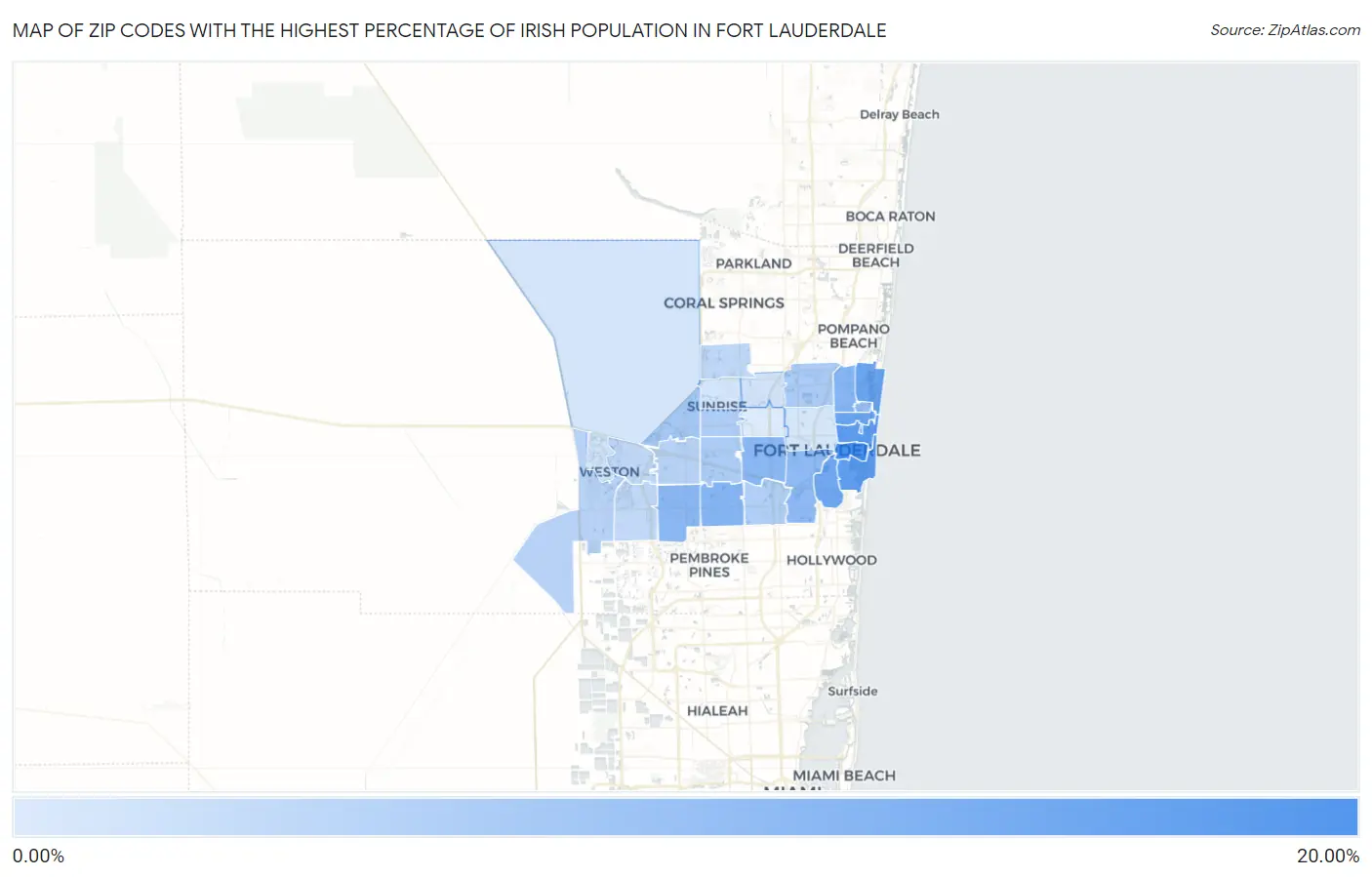 Zip Codes with the Highest Percentage of Irish Population in Fort Lauderdale Map